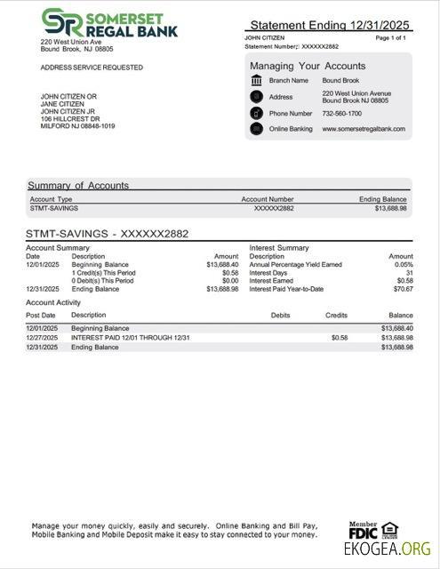 États Unis Relevé de compte Somerset Regal Bank Modèle Word et PDF